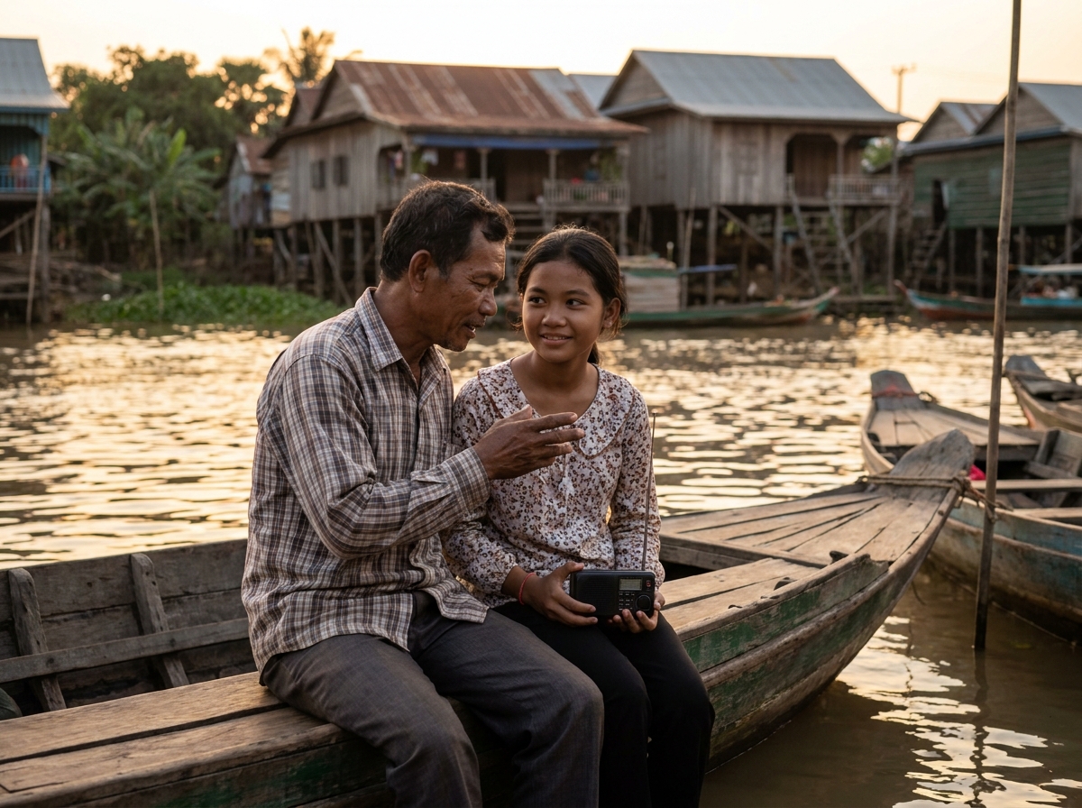 ឪពុកជាអ្នកនេសាទ និងកូនស្រីជំទង់អង្គុយជាមួយគ្នាលើទូកនៅមាត់ទន្លេ ពេលល្ងាច