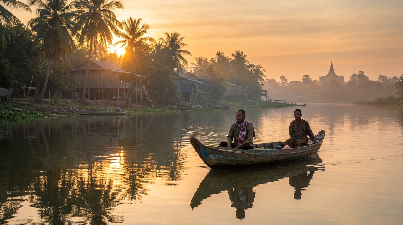 ទូកនេសាទឈើតូចមួយលើទន្លេដ៏ស្ងប់ស្ងាត់នៅកម្ពុជា ពេលថ្ងៃរះ