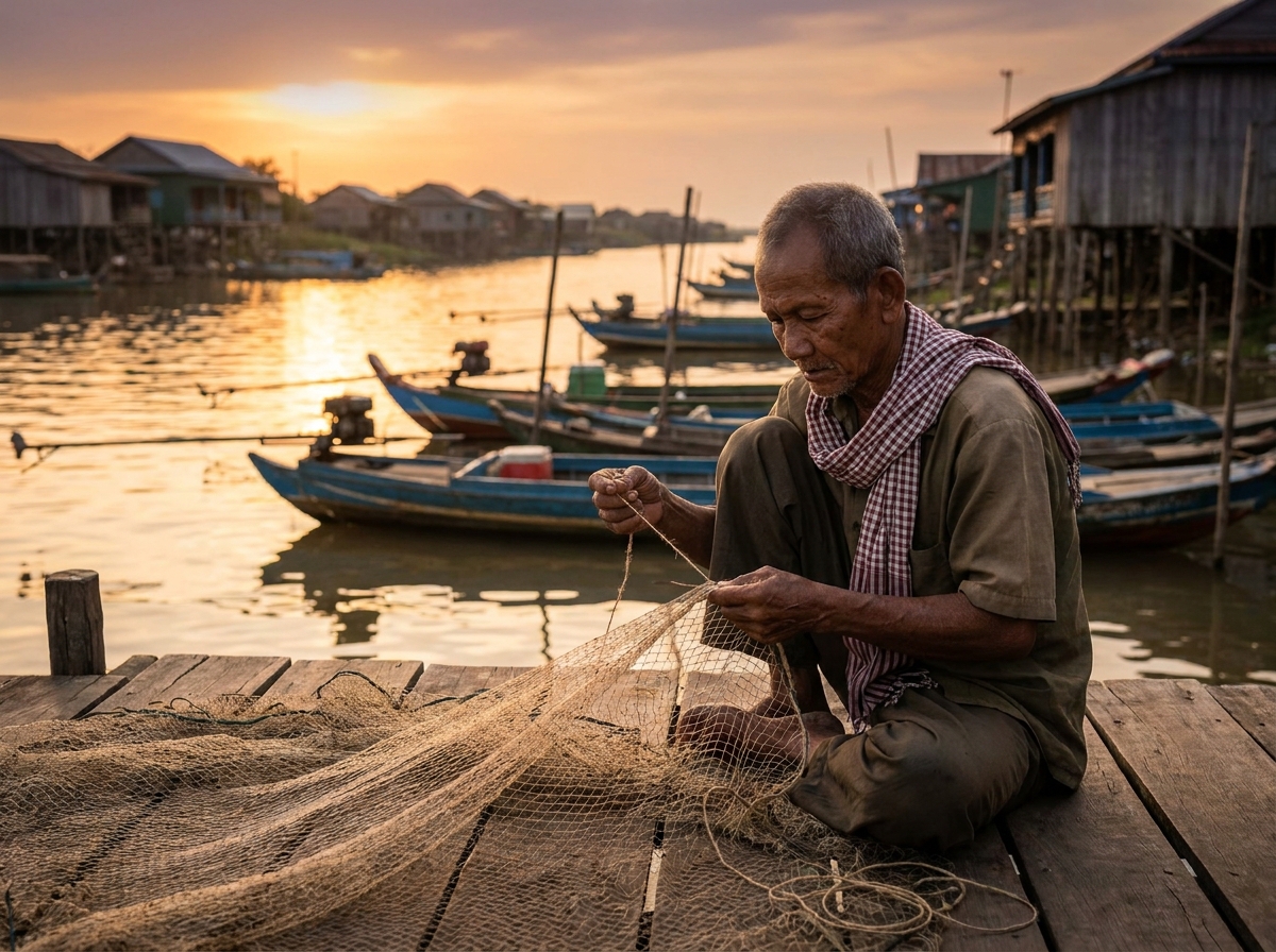អ្នកនេសាទកម្ពុជាម្នាក់កំពុងជួសជុលសំណាញ់នៅលើផែឈើក្បែរទន្លេ